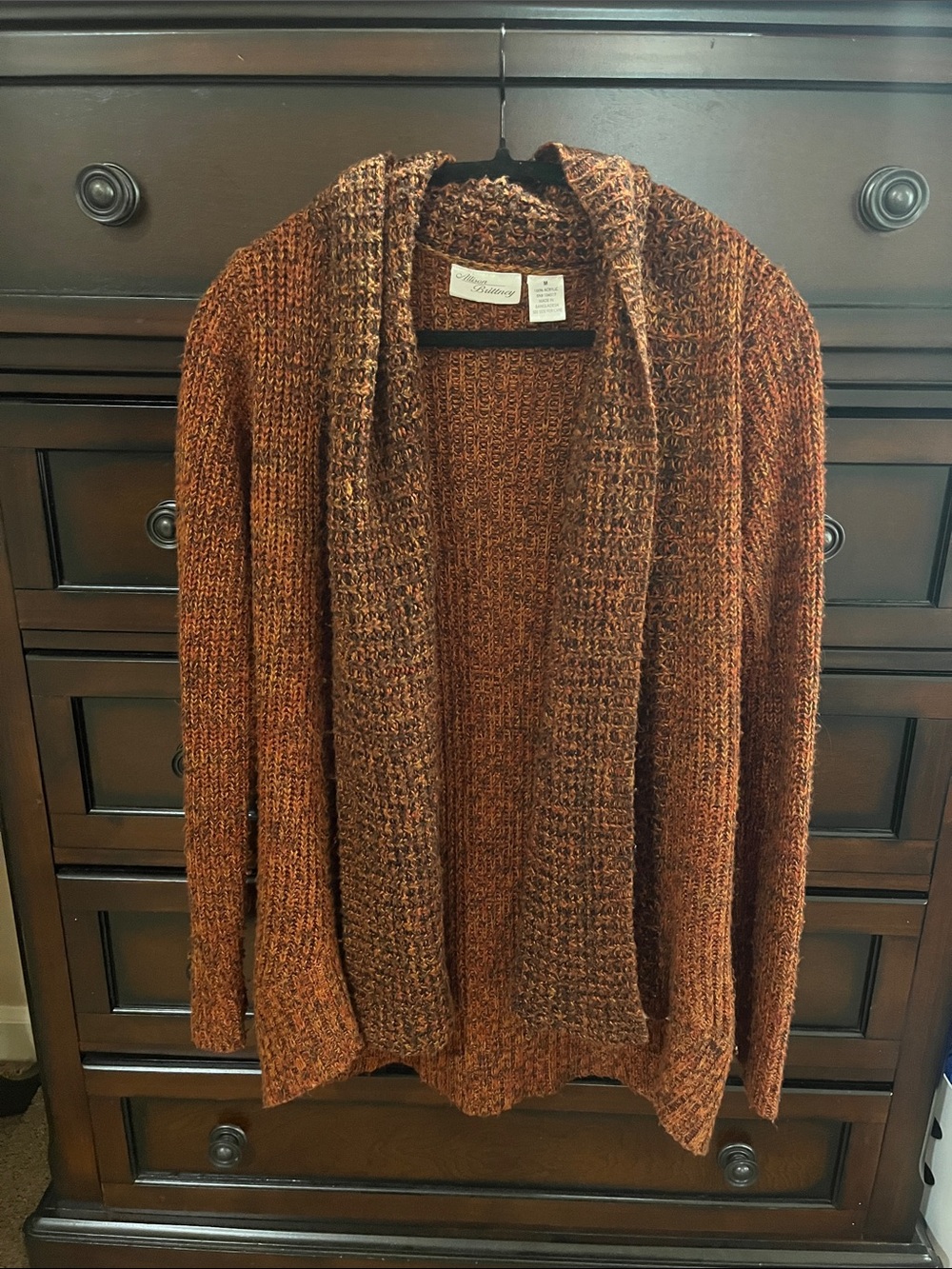 Allison Brittney Open-Front Shawl Collar Cardigan in Rust